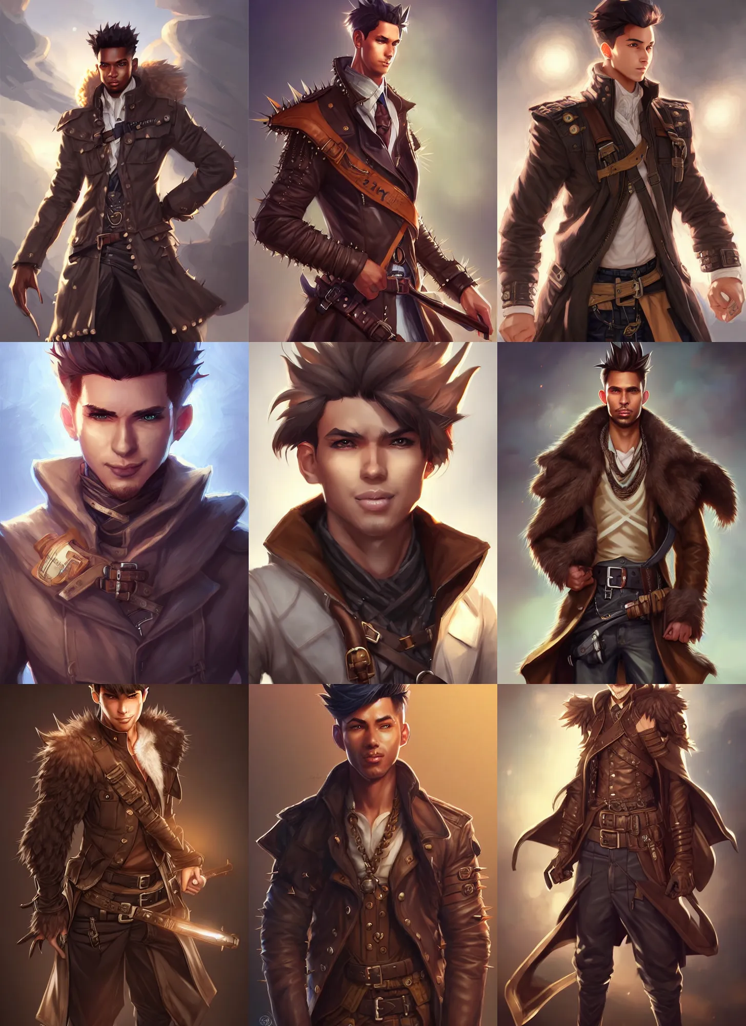 Prompt: full body portrait of gunner, male, tuffle coat, bandolier, brown skin, spiky short hair, smirk, aesthetic, high fantasy, extremely detailed, smooth, sharp focus, digital illustration, by artgerm, rossdraws, wlop, collectible card art