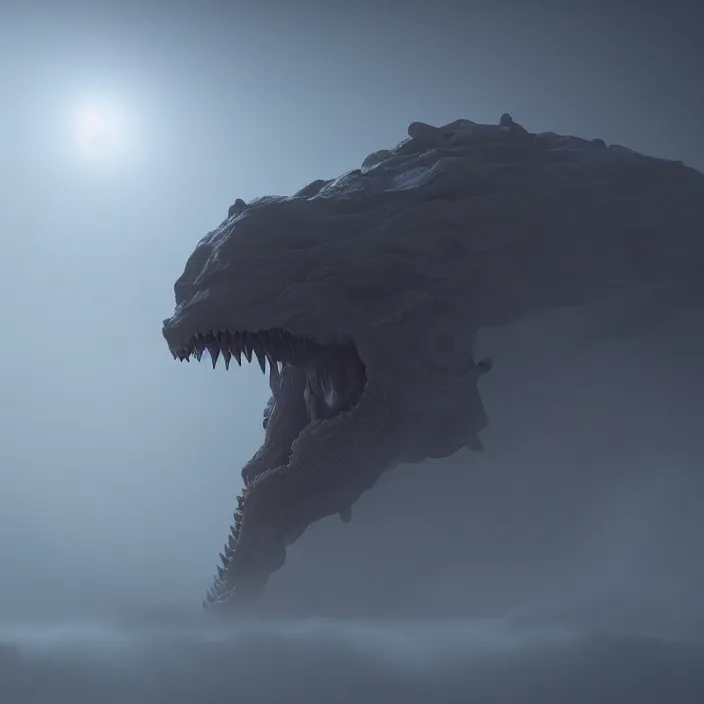 Image similar to a lovecraftian monster emerges out of the clouds, volumetric lighting, fog, atmospheric, high resolution, rendering, octane, redshift