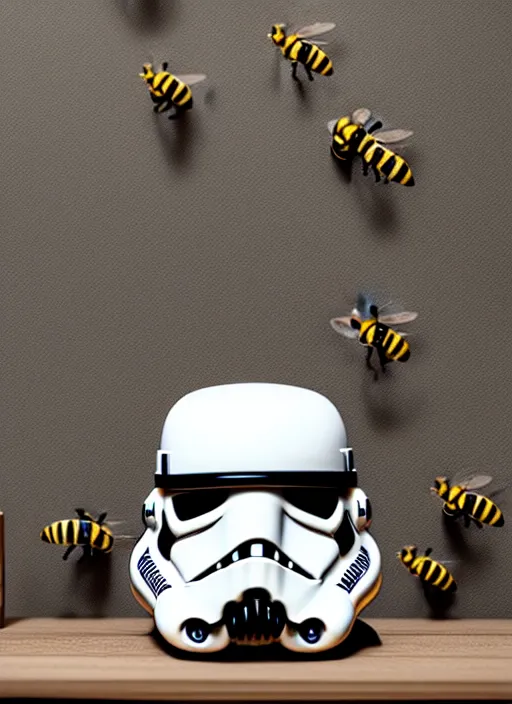 Image similar to stormtrooper, giger, dark room, painting, 3 d render, bees, flowers, wooden table