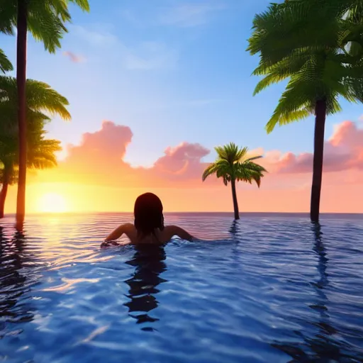 Image similar to swimming into the sunset, realistic, warm lighting, unreal engine