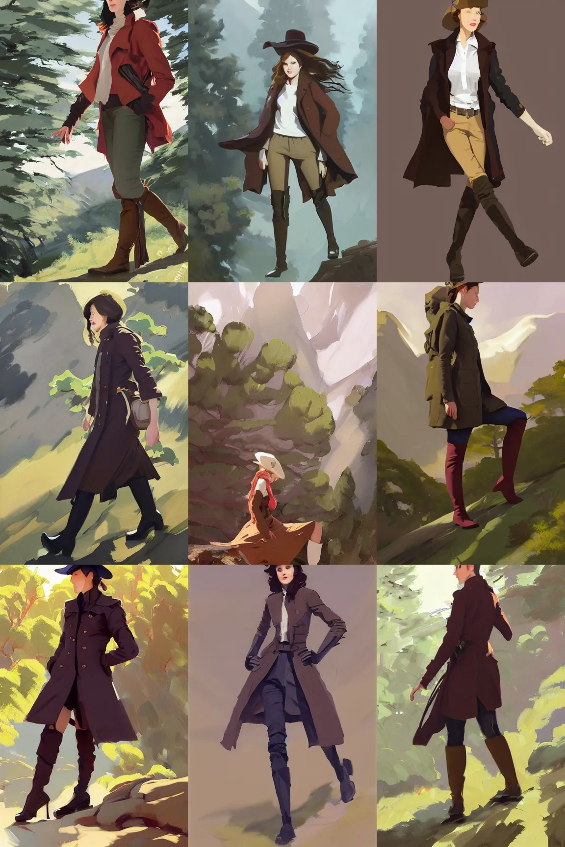 Prompt: cloth fabric jodhpurs knee high boots travel coat fashion, solo hiking in mountains trees, greg manchess painting by sargent and leyendecker, studio ghibli, fantasy, asymmetrical, intricate, elegant, matte painting, illustration, hearthstone, by greg rutkowski, by greg tocchini, by james gilleard, by joe fenton