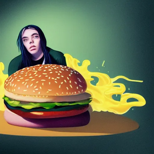 Prompt: portrait of billie eilish biting a giant hamburger eating a big mac hamburger with extra ketchup and mustard lettuce and tomato, divine feminine ethereal light, concept art, hyper realism, illustration, digital art, artstation style frames character design,