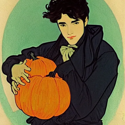 Image similar to painting of young cute handsome beautiful dark medium wavy hair man in his 2 0 s named shadow taehyung and cute handsome beautiful min - jun together at the halloween! party, bubbling cauldron!, candles!, smoke, autumn! colors, elegant, wearing suits!, clothes!, delicate facial features, art by alphonse mucha, vincent van gogh, egon schiele