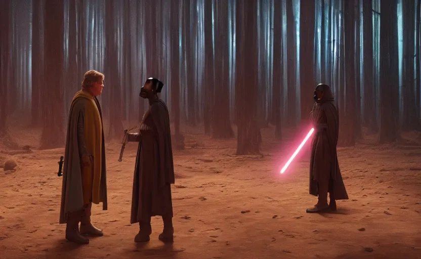 Prompt: cinematic still image screenshot portrait of luke skywalker in yellow cape talking to maz kanata diplomatic, dramatic scene from force awakens crisp 4 k 7 0 mm imax, moody iconic scene, directed by jj abrams, beautiful glowing backlit, forest pink fog planet