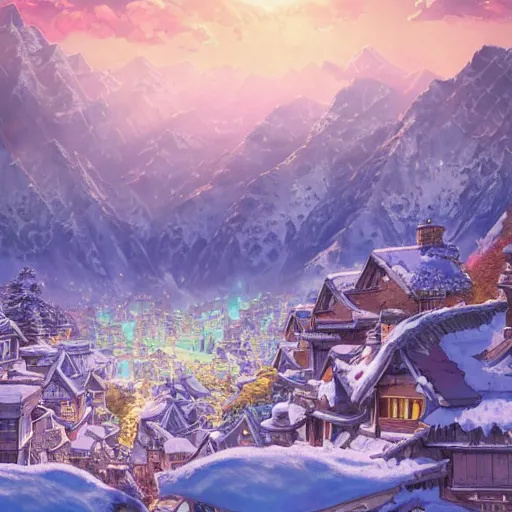 Image similar to the aesthetic view of the beautiful, grand, wistful, dreamy snowcapped mountain at dusk, hyperrealistic anime illustration by iralki nadar, colorful, extremely detailed, intricate linework, super sharp focus, bright colors, octopath traveler, studio ghibli, unreal engine 5 highly rendered, global illumination, radiant light, detailed and intricate environment