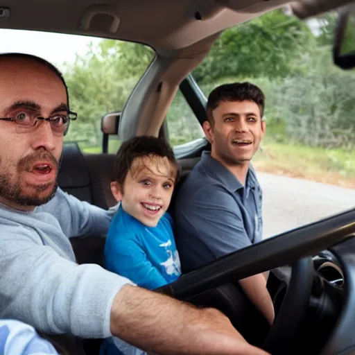 Prompt: a jewish man driving his kids home in the suv