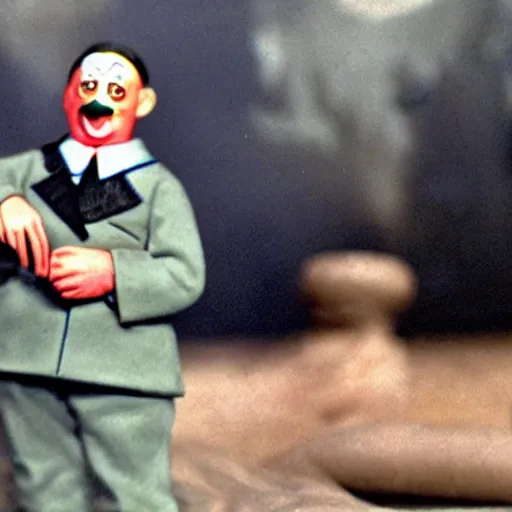 Prompt: claymation shot of Adolf Hitler is a clown