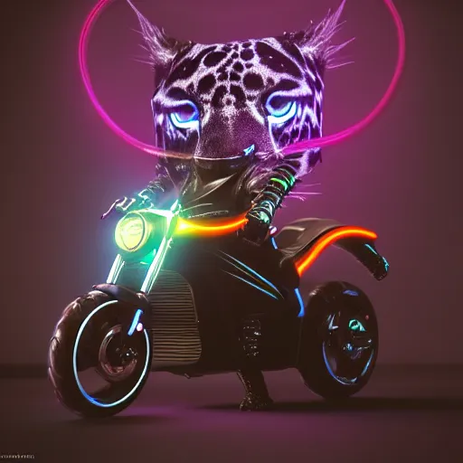Prompt: portrait of a neon cyberpunk jaguar animal riding a motorcycle, octane render