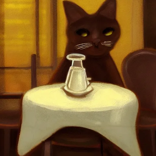 Image similar to brown cat with yellow eyes is sitting at table in a cafe at paris in early 2 0 th century. it is licking milk from little saucer, atmospheric feeling, warm colours, brown colours, yellow colours, epic scene, cinematic, very detailed, concept art, trensing on artstation