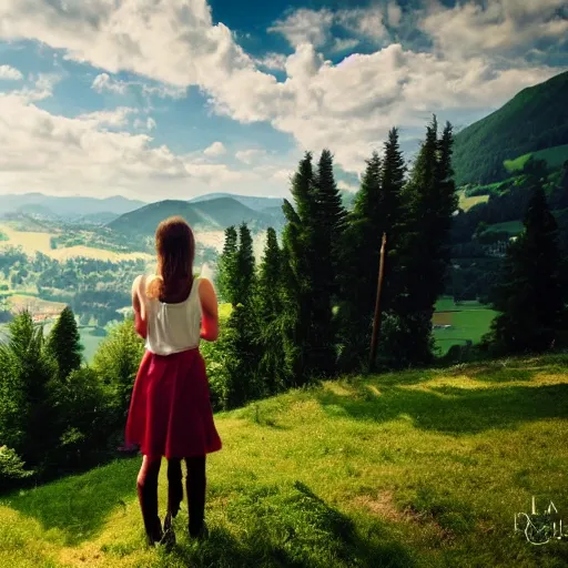 Image similar to a beautiful photograph of a girl with switzerland landscape in the background with trees, hdr, 8 k, high quality, sharp focus, artstation, highly detailed, award - winning, dramatic lighting, beautiful clouds, and nature