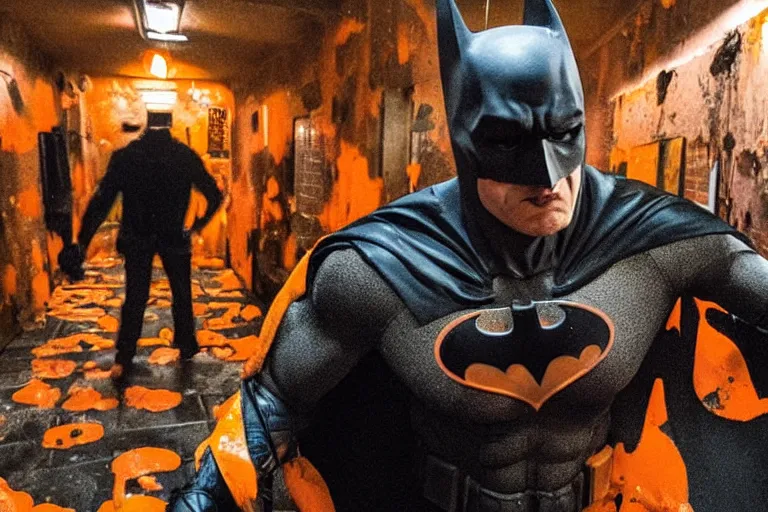 Image similar to batman covered in lots of orange juice offering free beer, chasing through old brown decrepit hallway, creepy smile, atmospheric eerie lighting, dim lighting, bodycam footage, motion blur, photography