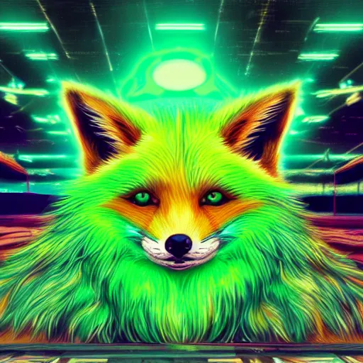 Prompt: digital fox, retrowave palette, digital world, highly detailed, electric breeze, anatomically correct green vulpine, synth feel, green fluffy face, green ear floof, flowing fur, super realism, accurate animal imagery, 4 k digital art