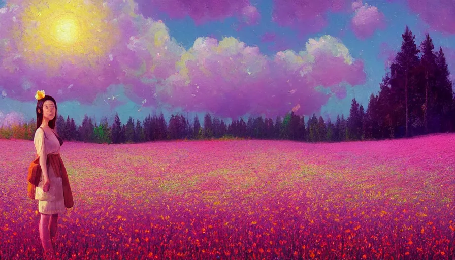 Image similar to girl with an blooming flower face, surreal photography, dream, standing in flower field, hills, big trees, sunrise dramatic light, impressionist painting, colorful clouds, digital painting, pointillism, artstation, simon stalenhag