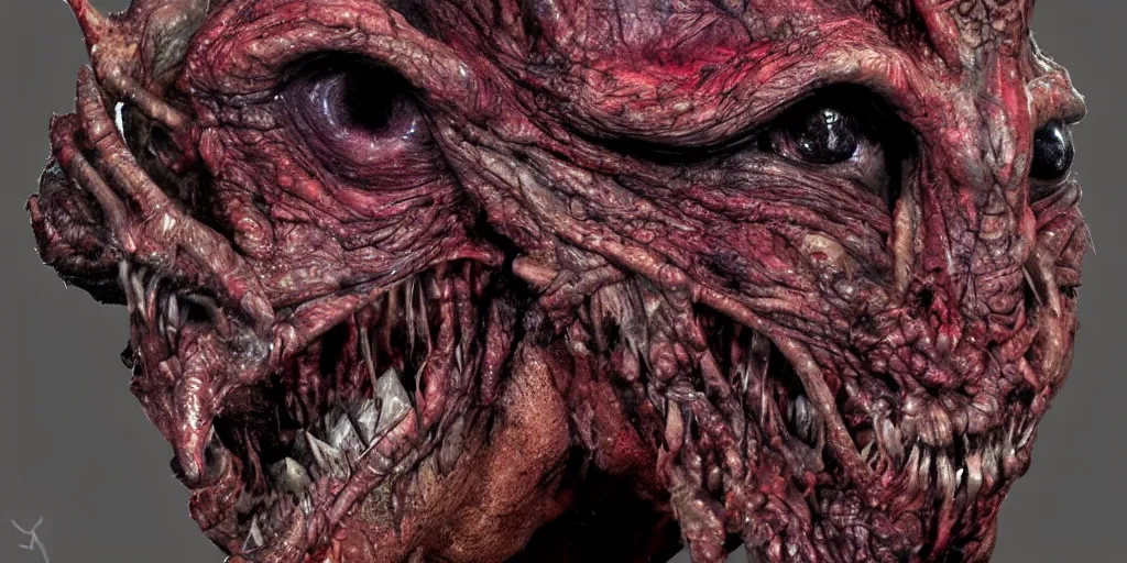 Prompt: a chtulhu creature head closeup, front view, studio lighting, deep colors, apocalyptic setting, gross, evil, veins