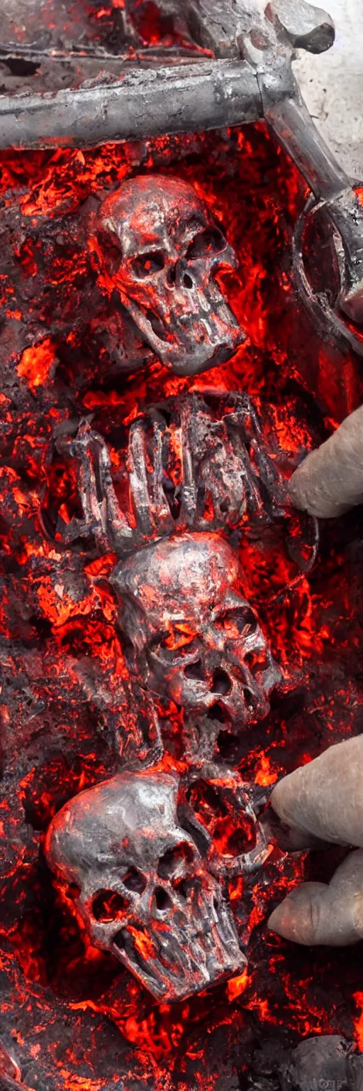 Prompt: molten red hot metal being poured into a mold in the shape of a punisher skull emblem. background is firey foundry. detailed, high art, intricate, artisan