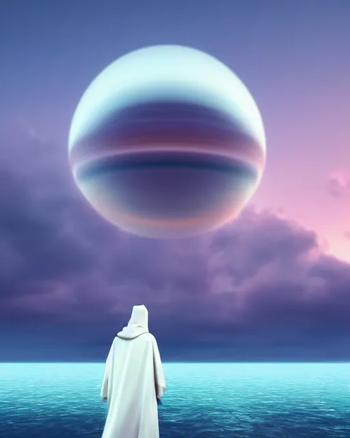 Image similar to a person wearing a white cloak that's blowing in the wind. they are standing in the water. a large planet with rings is visible in the sky. an album cover by stanley twardowicz, trending on cg society, retrofuturism, retrowave, chillwave, synthwave, 3 d render, unreal engine