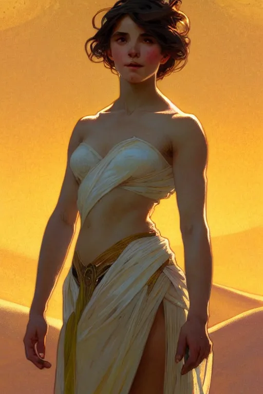 Prompt: full figure young girl, luminous scene, by greg rutkowski and alphonse mucha, d & d character, gradient white to gold, in front of a dune desert background, highly detailed portrait, digital painting, artstation, concept art, smooth, sharp focus illustration, artstation hq