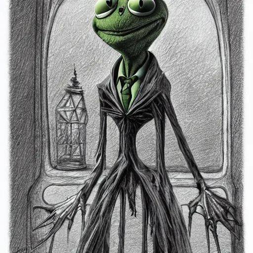 michael karcz grunge drawing of kermit the frog. , in