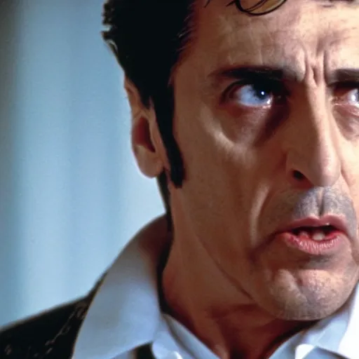 Prompt: Al Pacino as The American Psycho, cinematic still, sweating hard