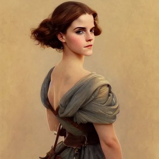 Image similar to Emma Watson of medieval art, medium shot, intricate, elegant, highly detailed, digital painting, volumetric light, artstation, concept art, smooth, sharp focus, illustration, art by Gil Elvgren and Greg Rutkowski and Alphonse Mucha, 8K