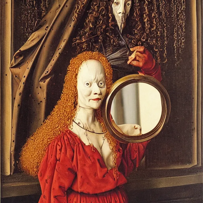 Prompt: strange mutant fungic woman holding a round mask mirror. painting by jan van eyck
