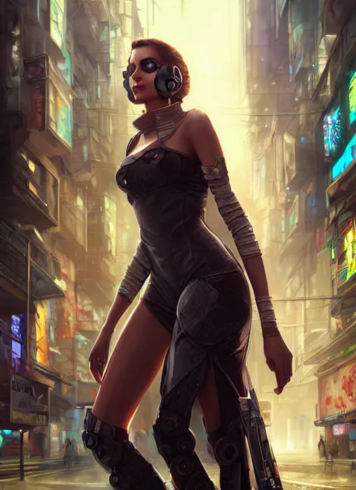 Image similar to a beautiful woman walking through a cyberpunk city, full body, realistic, highly detailed, science fiction portrait by laura sava