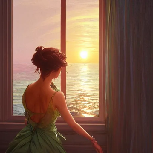 Prompt: woman looking out the window to a beautiful sunset, water view, intricate, highly detailed, digital painting, artstation, concept art, smooth, sharp focus, illustration, Unreal Engine 5, 8K, art by artgerm and greg rutkowski and alphonse mucha