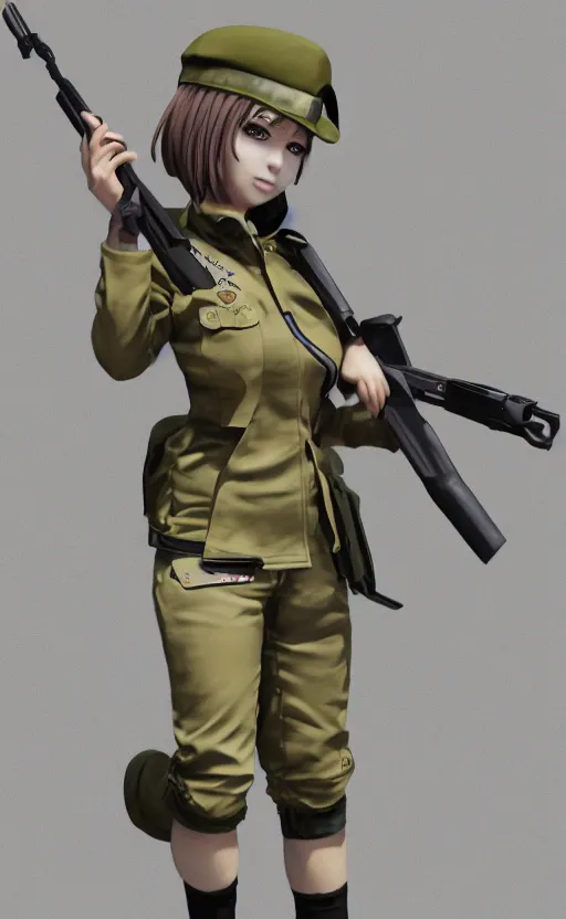 Image similar to Anime girl figure in militar uniform, unreal engine, highly detailed.