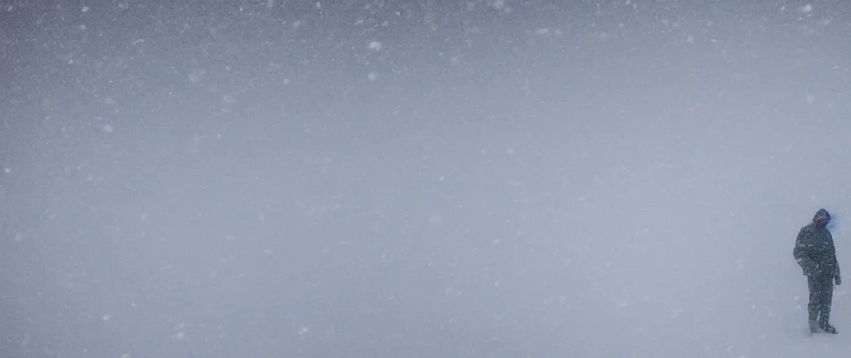Image similar to a high quality color extreme closeup depth of field creepy hd 4 k film 3 5 mm photograph of very heavy snow storm blizzard in desolate antarctica, the faint barely visible silhouette of a bulky man is inside the blizzard