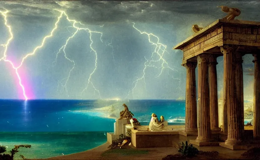 Image similar to mediterranean balustrade and columns, refracted lightnings on the ocean, thunderstorm, greek pool, beach and Tropical vegetation on the background major arcana sky and occult symbols, by paul delaroche, hyperrealistic 4k uhd, award-winning, very detailed paradise