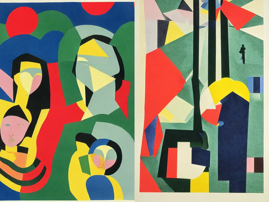 Prompt: surrealist scene of a boy and a girl laying under the enormous northwestern pine tree canopy by Sonia Delaunay, paper cutouts of plain colors, risograph print