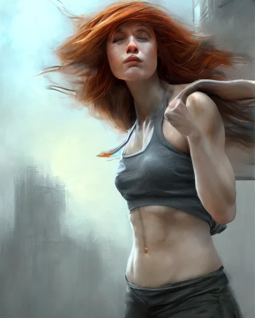 Image similar to female parkour, perfect face, halter top, ginger hair, grey eyes, cinematic, stunning, agile, highly detailed, digital painting, artstation, smooth, hard focus, illustration, art by jessica rossier and and brian froud