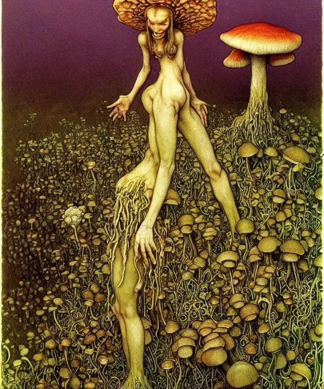 Prompt: A detailed funguswoman stands among the mushroom hills. Wearing a fungus and mushroom . Perfect faces, extremely high details, realistic, fantasy art, solo, masterpiece, art by Zdzisław Beksiński, Arthur Rackham, Dariusz Zawadzki, Edward Robert Hughes