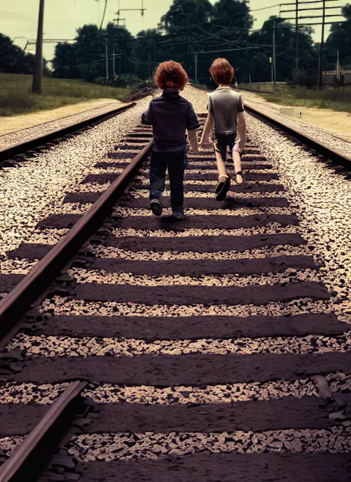 Image similar to young friends walking on train tracks on a sunny day, 1 9 8 0 s, moody cinematic photo, friendship, good feeling, hyper real, octane render, 8 k, photorealism