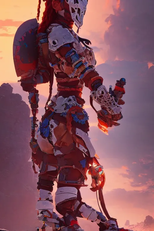 Image similar to combination suit armor aloy horizon forbidden west horizon zero dawn robot ninja mask helmet backpack tribal, aesthetic octane render, 8 k hd resolution, by ilya kuvshinov and cushart krentz and gilleard james radiating a glowing aura cgi rtx 2 0 2 2