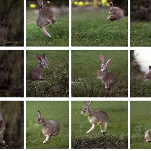 Prompt: a rabbit jumping up over a fence, shown as a film strip showing 9 sequential stills starting from time 0 : 0 0 from the video clip in a grid