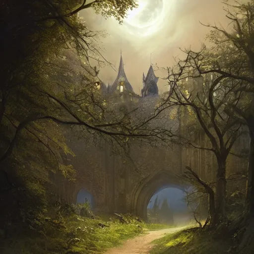 Prompt: a hidden entrance in the trees, victorian setting, dramatic light, castle background, clouds, moon, storm, night, high detail, fantasy background, painted by greg rutkowski, digital art, trending on artstation