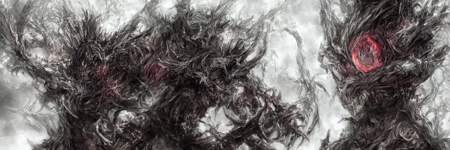 Prompt: actual nightmare fuel fractal being consumed by Yoshitaka Amano, 4k, hyper detailed, trending on artstation, post processing, sharp focus.