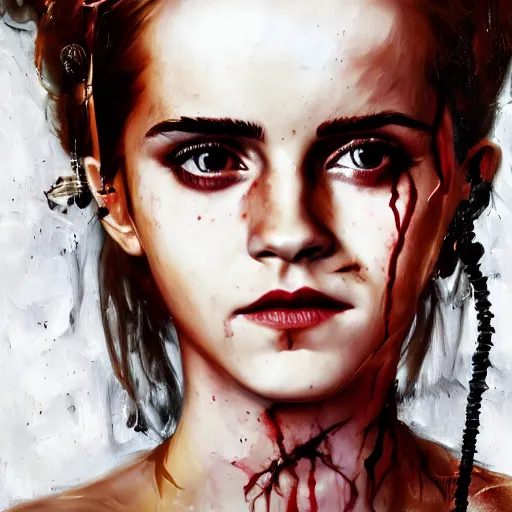 Image similar to emma watson expressive oil painting, of helena bonham carter mixed with sophia lauren, bumpy mottled skin full of blood and scars, ornate headpiece made from crystals, cables and wires, body horror, by yoshitaka amano, by greg rutkowski, by jeremyg lipkinng, by artgerm, digital art, octane render