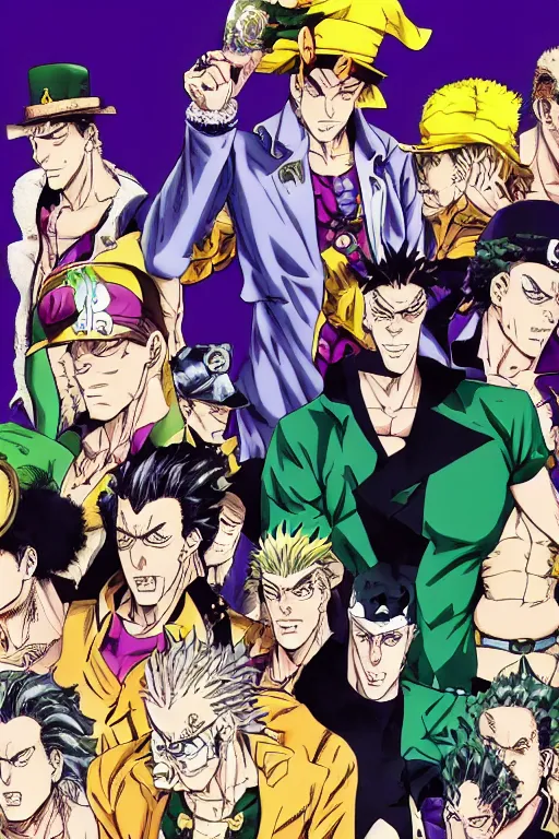 Image similar to jojo's bizarre adventure, jotaro kujo, kakyoin noriyaki, muhammad avdol, jean pierre polnareff, joseph joestar, manga, shounen jump, hirohiko araki art, manga cover, comic book, anime, giorno giovanna, star platinum