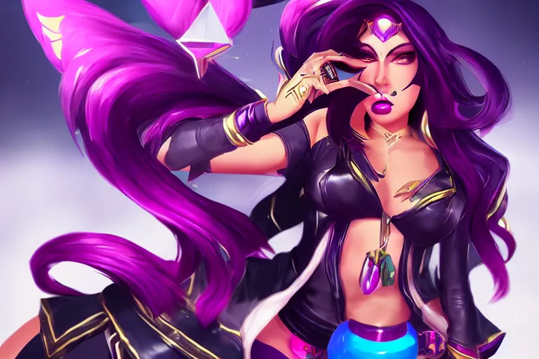 Image similar to portrait of k / da akali from league of legends, high quality 2 d art by kenny kong, artstation