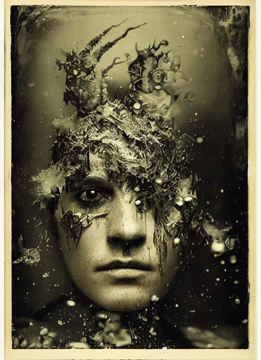 Image similar to old wet plate collodion photography portrait, explosion of data fragments, fractal, intricate, elegant, highly detailed, parallax, leica, medium format, subsurface scattering, by jheronimus bosch and greg rutkowski and louis jacques mande daguerre