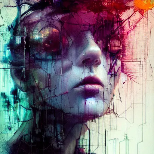 Image similar to portrait of a beautiful young woman cyber dreamer glitchcore wires, machines, by jeremy mann, francis bacon and agnes cecile, and dave mckean ink drips, paint smears, digital glitches glitchart