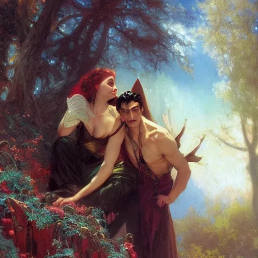 Prompt: attractive male fairy of the forest confesses his love to attractive male dracula the vampire. highly detailed painting by gaston bussiere, craig mullins, j. c. leyendecker 8 k