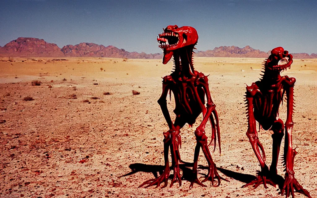 Image similar to in the desert a bloody gross horrifying The Thing creature made of muscle and bone and blood stares at the camera, eating, it walks on two legs, mid day, 35mm photography, realistic,