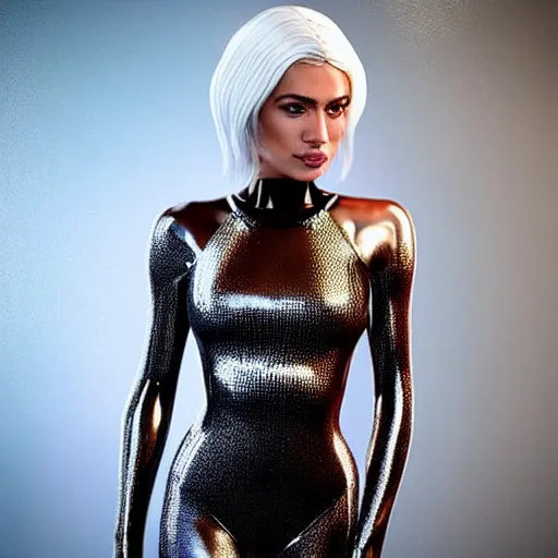 Image similar to “These 3D portraits are unbelievably incerdibly realistic. unreal engine 5. RTX. ray tracing. nvidia hairworks. portrait of Gorgeous girl with white hair futuristic. In bodysuit. Magic sparkles. very high detailed. By Charli Amani. ultra by Vishwesh Taskar By Bobbang. By Adele Duvinh