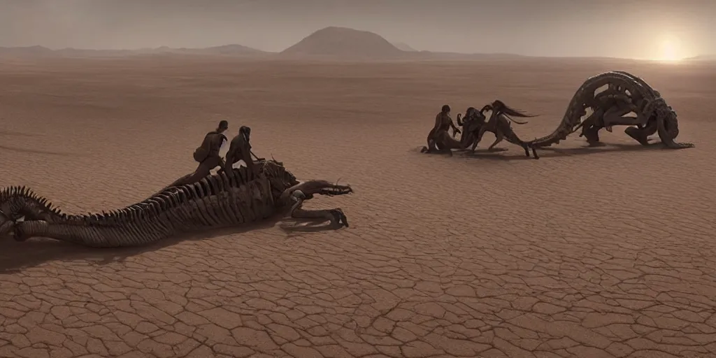 Image similar to screenshot from a movie, epic matte painting of a giant reptile skeleton in a sandy desert with scientists in the foregroud for scale, cinematic cinematography masterpiece, greg rutkowski, and ivan aivazovski, roger deakins