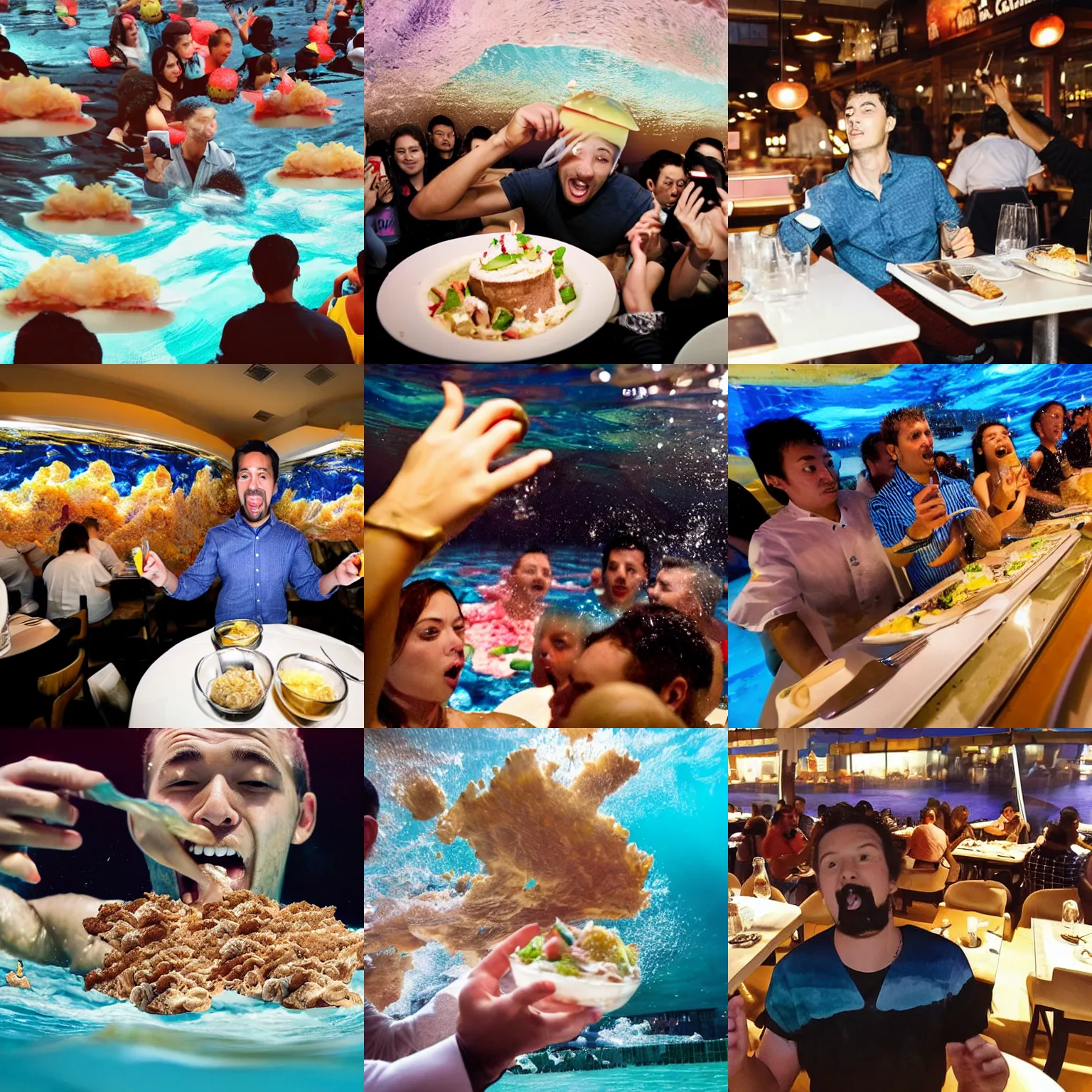 Prompt: man drowning, trying to swim in giant parfait ocean, sea of parfait, panicked expression, flash photography taken in restaurant, onlookers taking pictures with phones