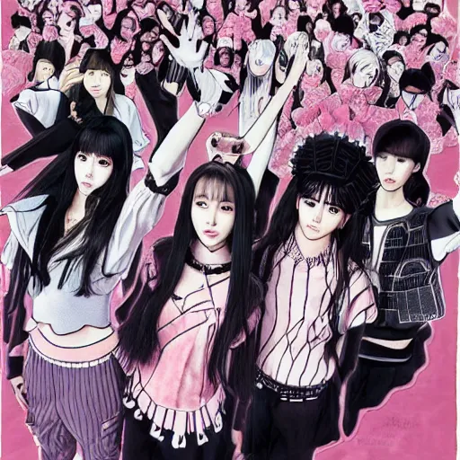 Image similar to blackpink k - pop group, wide angle, by kentaro miura