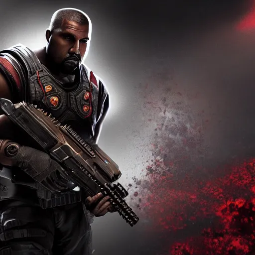 Image similar to Portrait of Kanye West in Gears of War, splash art, movie still, cinematic lighting, dramatic, octane render, long lens, shallow depth of field, bokeh, anamorphic lens flare, 8k, hyper detailed, 35mm film grain